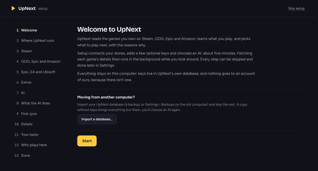 UpNext's setup on its first page. A list of thirteen steps runs down the left, from Welcome through Steam, the other stores, the AI and your taste to Done, with a Start button.
